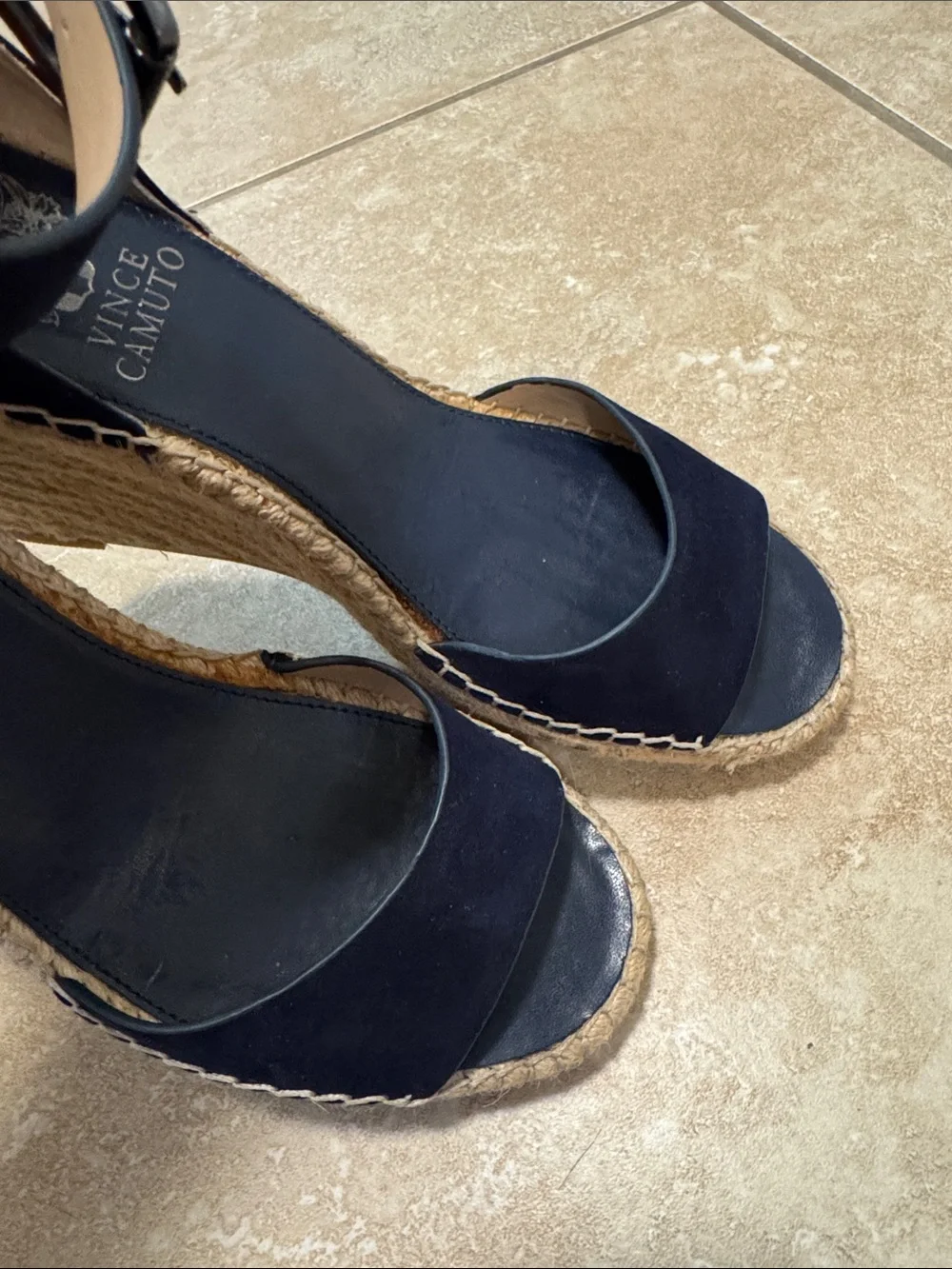 Vince Camuto Navy Suede Espadrille Wedge Sandals with Ankle Buckle